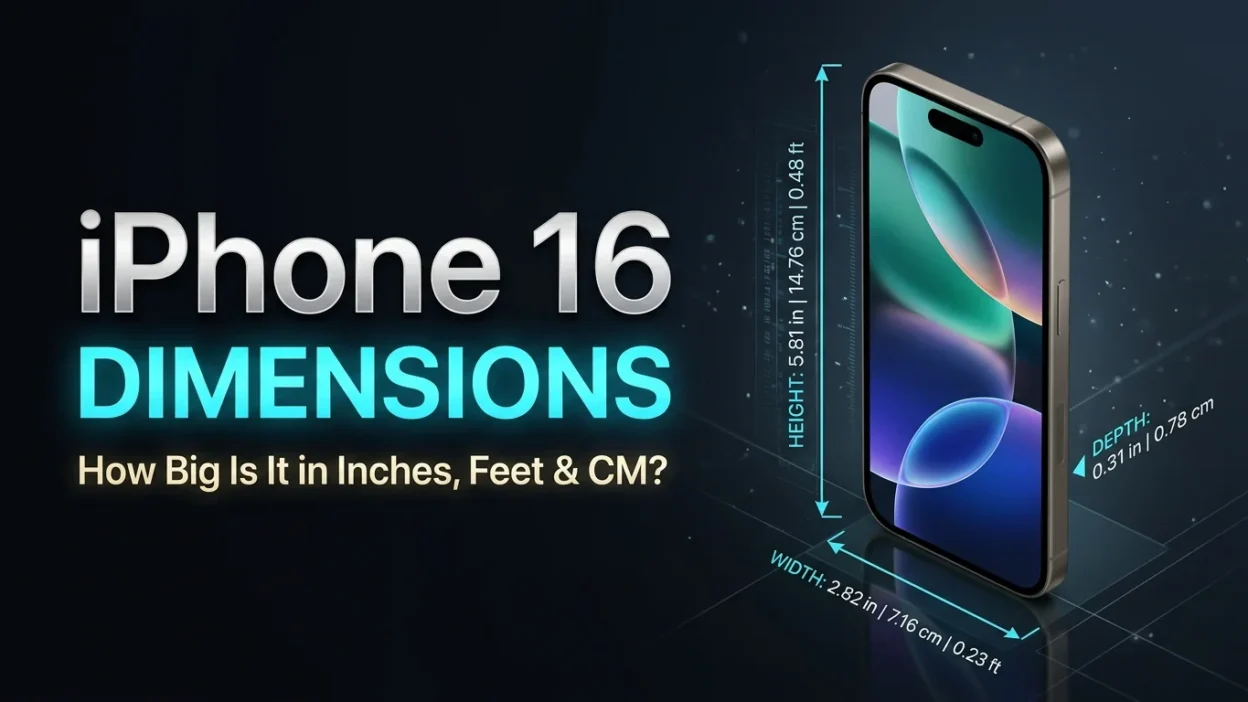 iPhone 16 dimensions showing its size in inches, feet, and centimeters